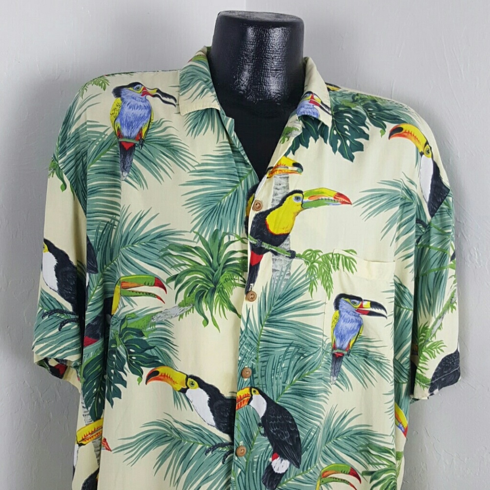 Vintage Paradise Found Hawaiian yellow parrot floral shirt men size XL?